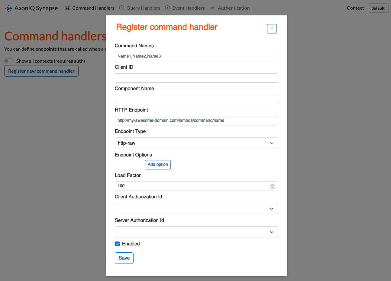 Screenshot of the Axon Synapse UI for registering a new command handler